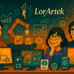 Automatización Inteligente con IA y Presencia Interactiva con interactivos físicos de LorArtek, con integración de sensores, ESP32, aplicaciones y paneles de control.