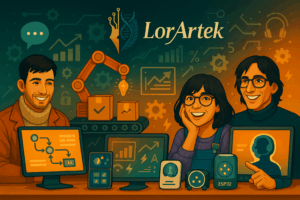 Automatización Inteligente con IA y Presencia Interactiva con interactivos físicos de LorArtek, con integración de sensores, ESP32, aplicaciones y paneles de control.