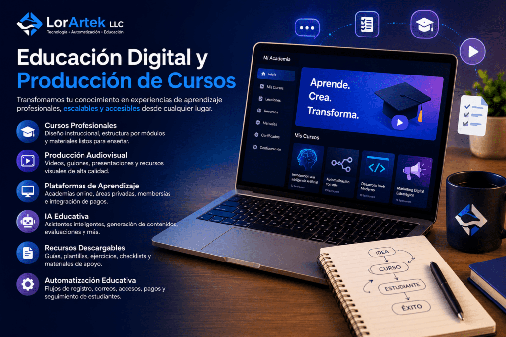 Servicio de educación digital y producción de cursos de LorArtek LLC, con plataforma de aprendizaje, cursos online, recursos descargables, IA educativa y automatización educativa.