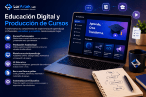 Servicio de educación digital y producción de cursos de LorArtek LLC, con plataforma de aprendizaje, cursos online, recursos descargables, IA educativa y automatización educativa.