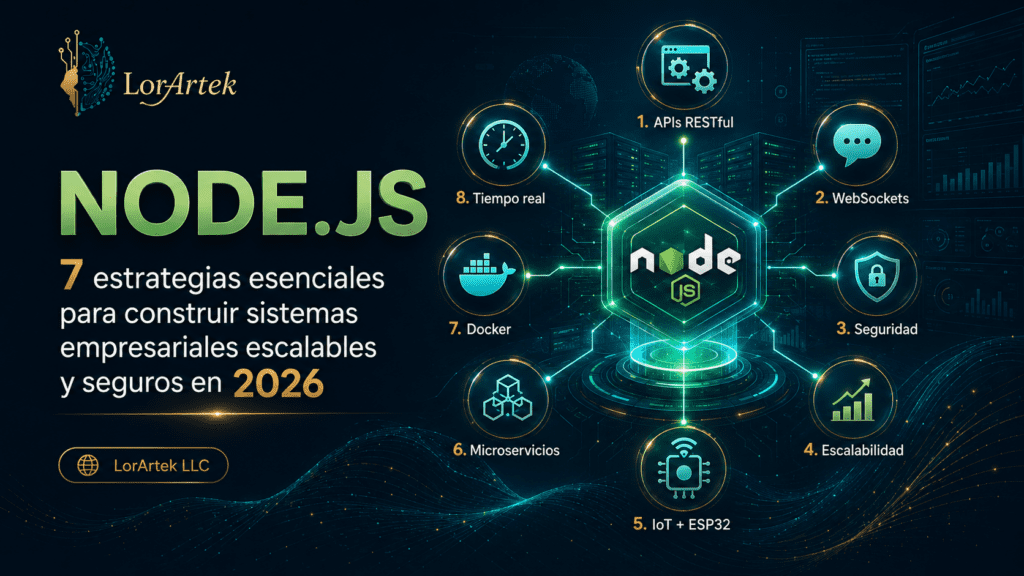 Imagen destacada sobre Node.js para construir sistemas empresariales escalables y seguros con APIs, WebSockets, microservicios, Docker, IoT y seguridad.