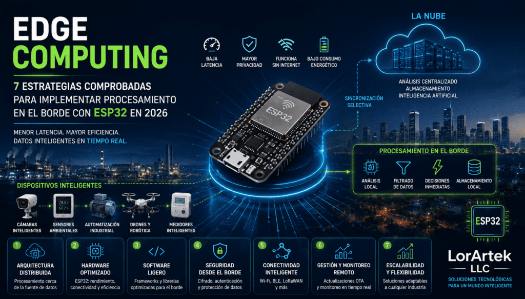 Imagen destacada sobre Edge Computing con ESP32 para procesamiento local de datos, baja latencia, privacidad, IoT inteligente y decisiones en tiempo real.