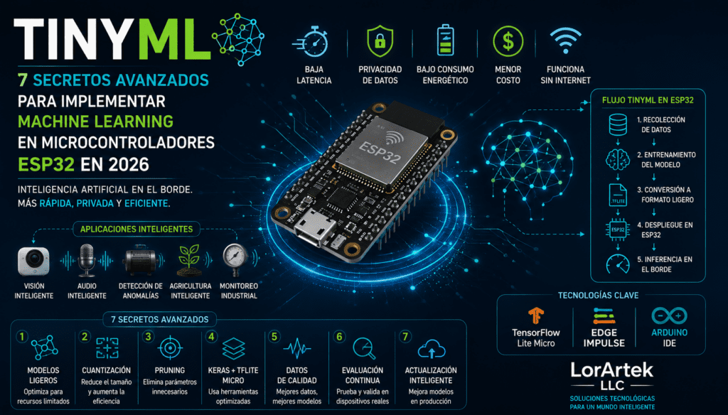 Imagen destacada sobre TinyML con ESP32 para implementar machine learning en microcontroladores, inteligencia artificial en el borde y análisis local de datos.